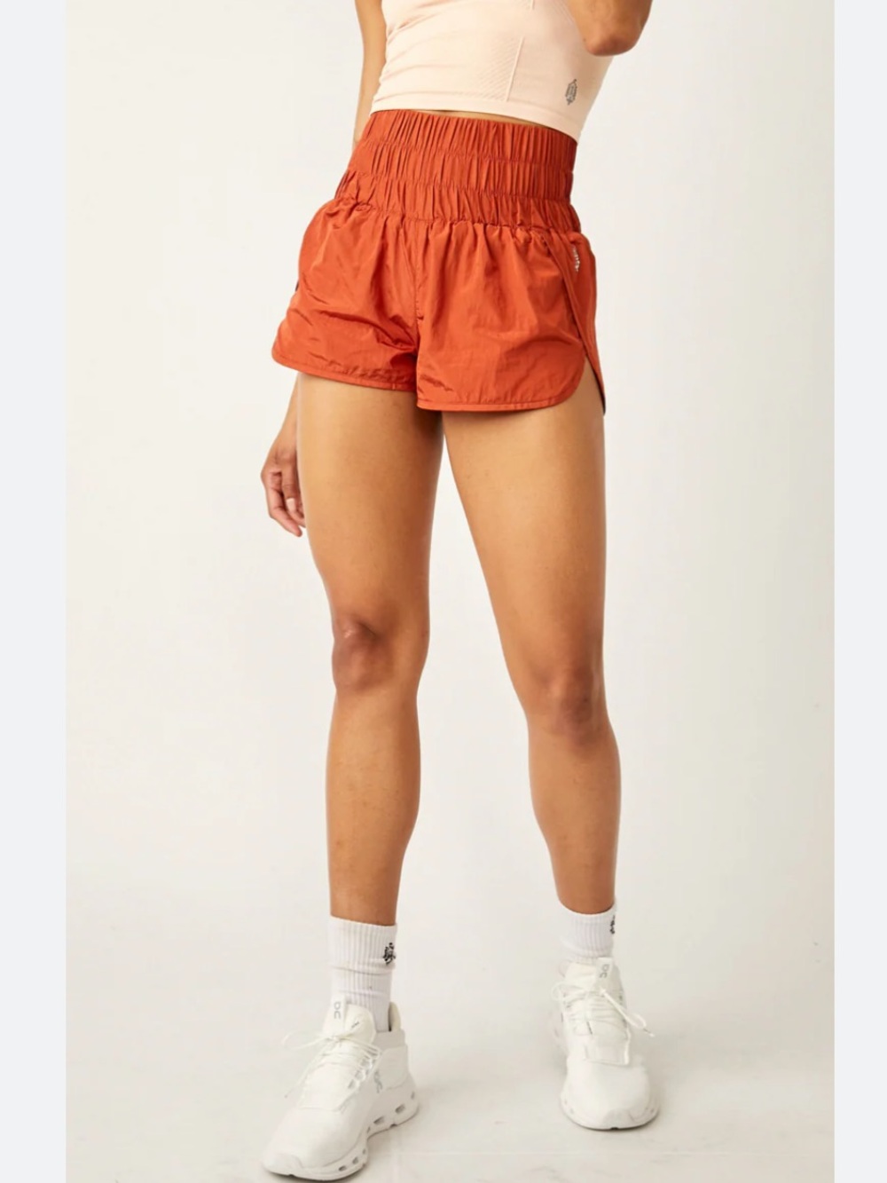 Free People Movement The Way Home Smocked-Waist Athletic Shorts Rust Orange